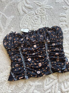 Free People Black Strapless Polka Dot & Floral Ruched Crop Top